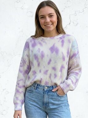 Victoria + Sophia Tie Dye Ribbed Sweater Pastel Boho Drop Shoulder 100% Cotton L